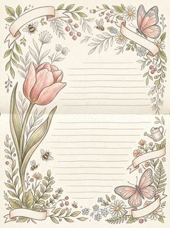 Vintage Floral Lined Stationery Paper with Butterflies and Bees