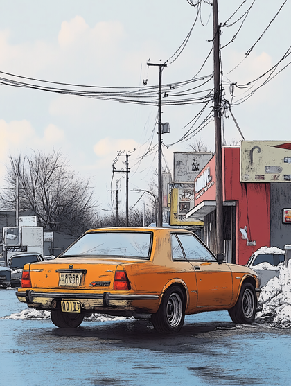 Vintage Orange Car Parked on Snowy Street