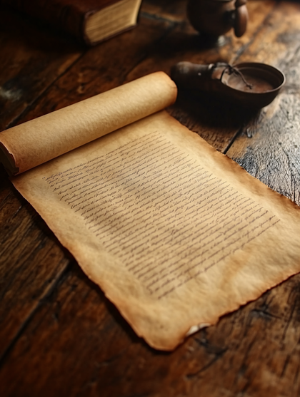 Vintage Parchment Scroll with Quill and Inkwell