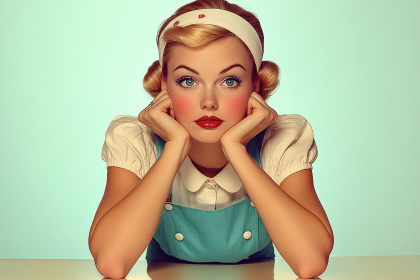 Vintage Pin-Up Woman With Hands On Face