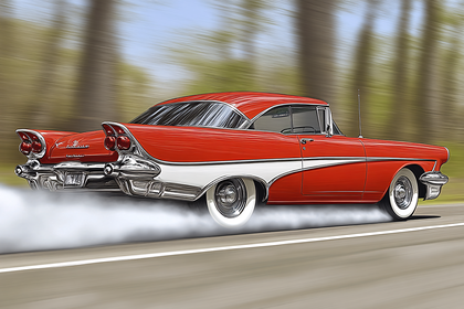 Vintage Red Cadillac Burning Rubber