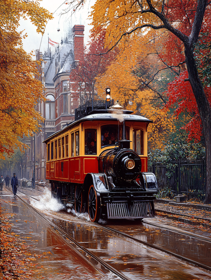Vintage Steam Train In Autumn City
