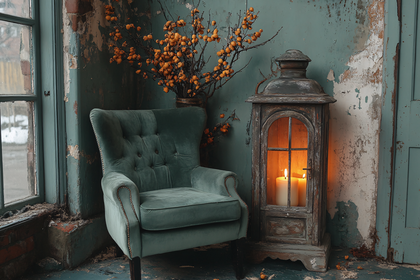 Vintage Teal Armchair with Lantern and Berries
