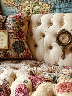 Vintage Tufted Cushion with Compass and Floral Pillow