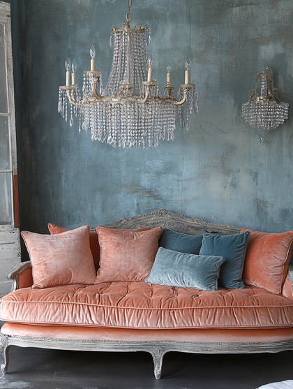 Vintage Velvet Sofa with Crystal Chandeliers