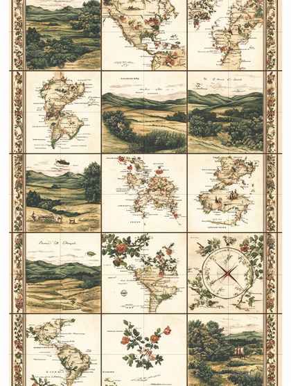 Vintage World Map And Landscape Tile Collage