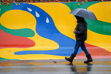 Walking in Rain with Colorful Mural