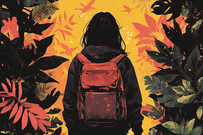 Woman with Backpack Surrounded by Foliage Digital Art