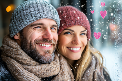 Smiling Couple in Winter Hats and Scarves