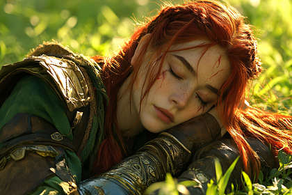 Redhead Warrior Resting in Grassy Field After Battle