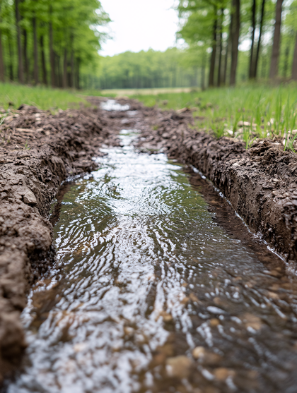 Water Flowing Through Muddy Path in Forest