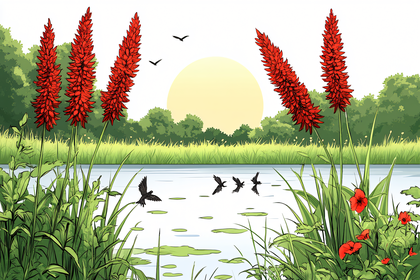 Water Landscape With Red Flowers And Birds