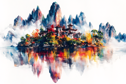 Watercolor Asian Temple Island