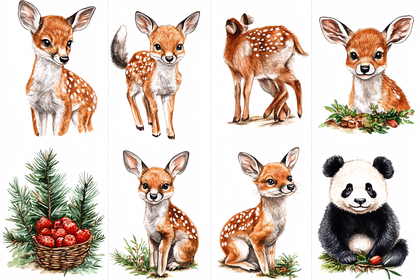 Watercolor Fawns and Panda Cub Set