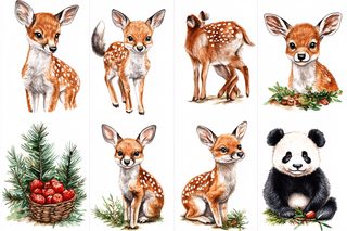 Watercolor Fawns and Panda Cub Set