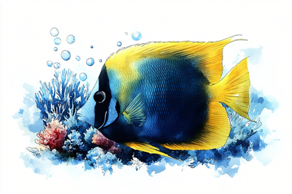 Watercolor Fish with Coral Reef