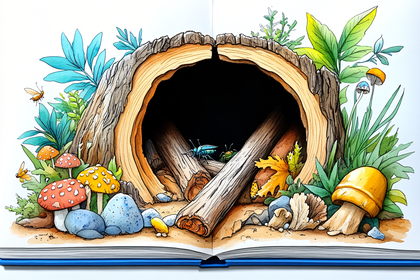 Watercolor Hollow Log with Beetles and Mushrooms