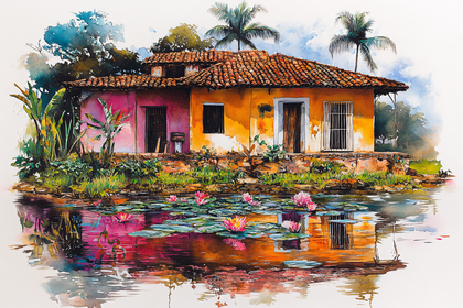 Watercolor House by the Pond