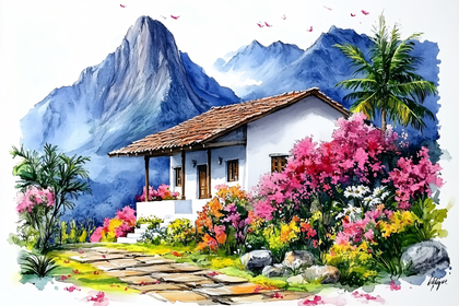 Watercolor House in Mountain Landscape