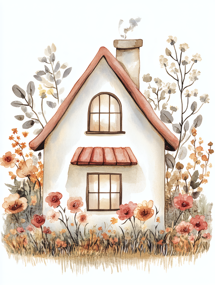 Watercolor House Surrounded by Flowers