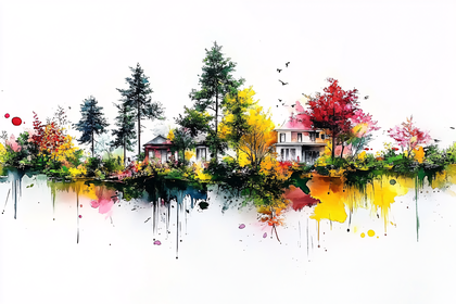 Watercolor Lakeside Houses