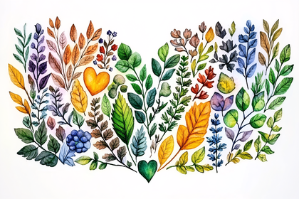 Watercolor Leaves and Hearts