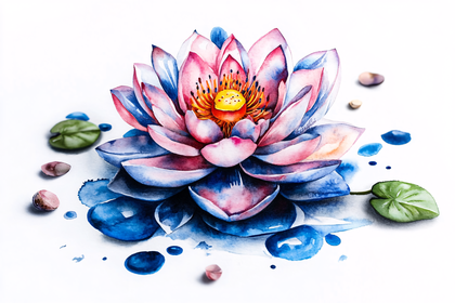 Watercolor Lotus Flower with Lily Pads