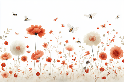 Watercolor Meadow with Poppies and Bees
