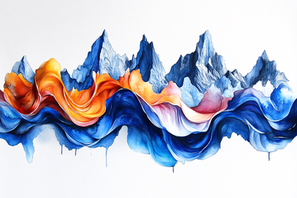 Watercolor Mountainscape with Flowing Ribbons