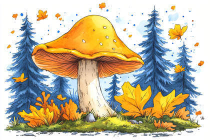 Watercolor Mushroom Forest Scene