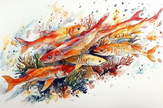 Watercolor School of Orange Fish