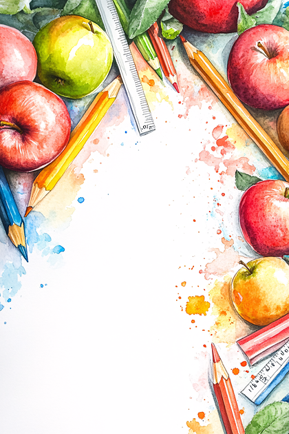 Watercolor School Supplies and Apples