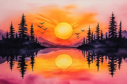 Watercolor Sunset Landscape