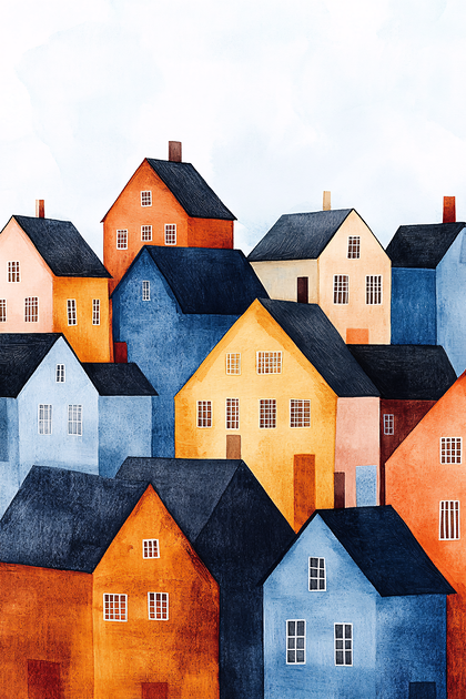 Watercolor Village Scene
