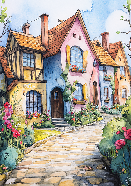 Watercolor Village Scene