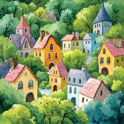 Watercolor Village Scene