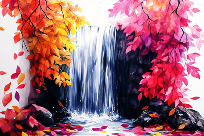 Watercolor Waterfall With Autumn Leaves