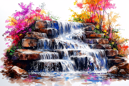 Watercolor Waterfall With Colorful Foliage
