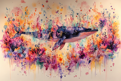 Watercolor Whale In Coral Reef