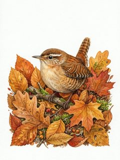 wren on autumn leaves