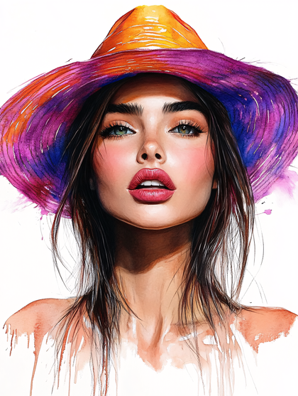 Watercolor Woman with Colorful Hat