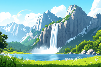 Waterfall and Mountain Landscape