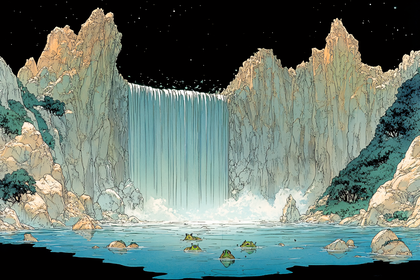 Waterfall and Mountain Landscape with Frogs