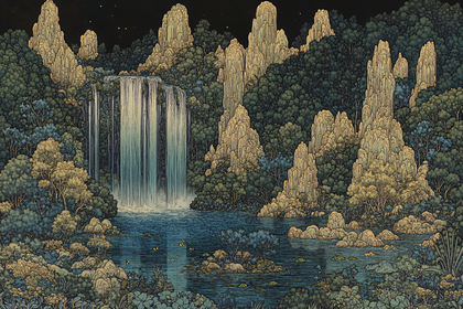 Waterfall and Serene Mountain Landscape
