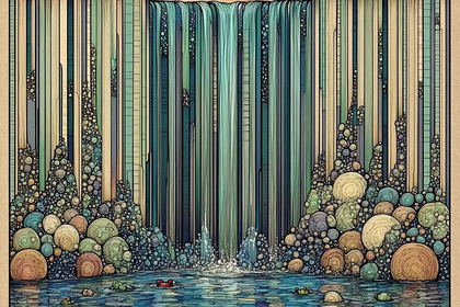 Waterfall Cascade with Linear Rocks and Frogs