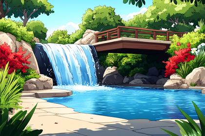 Waterfall Garden with Wooden Bridge
