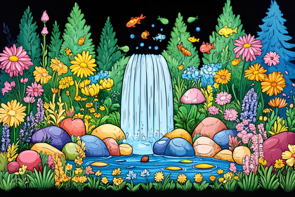 Waterfall In A Colorful Garden