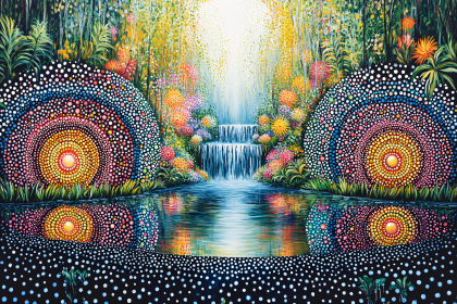 Waterfall in a Dotted Floral Garden