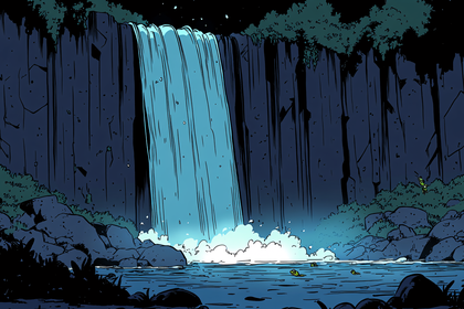 Waterfall In Dark Forest Night