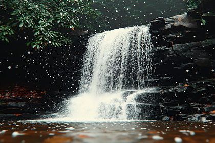 Waterfall in Forest with Bokeh Lights